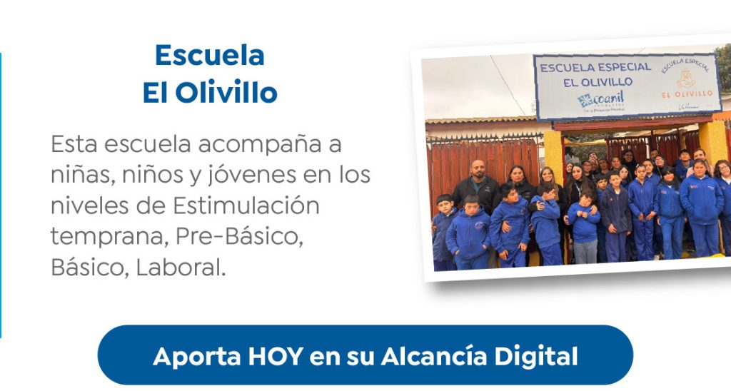 Escuela El Olivillo

Esta escuela acompaña a
niñas, niños y jóvenes en los
niveles de Estimulación
temprana, Pre-Básico,
Básico, Laboral.

Aporta HOY en su Alcancía Digital